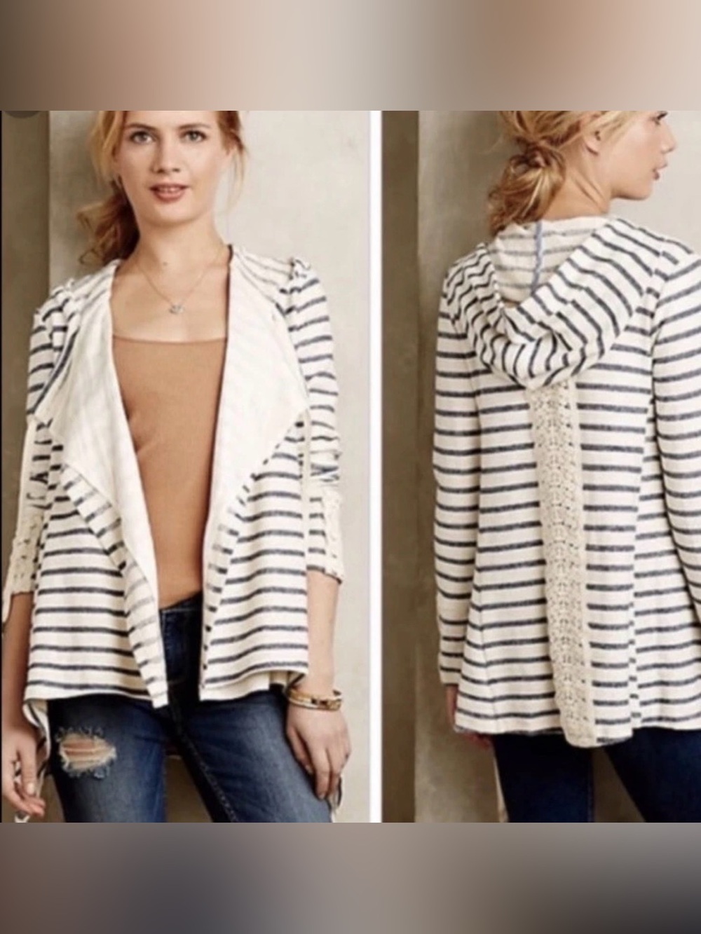 Anthropologie Saturday Sunday Striped Hooded Open Blanket‎ Cardigan Sz S